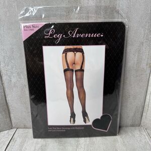 Leg Avenue Black Lace Top Stockings with Backseam and Lace Garter Belt Plus Size